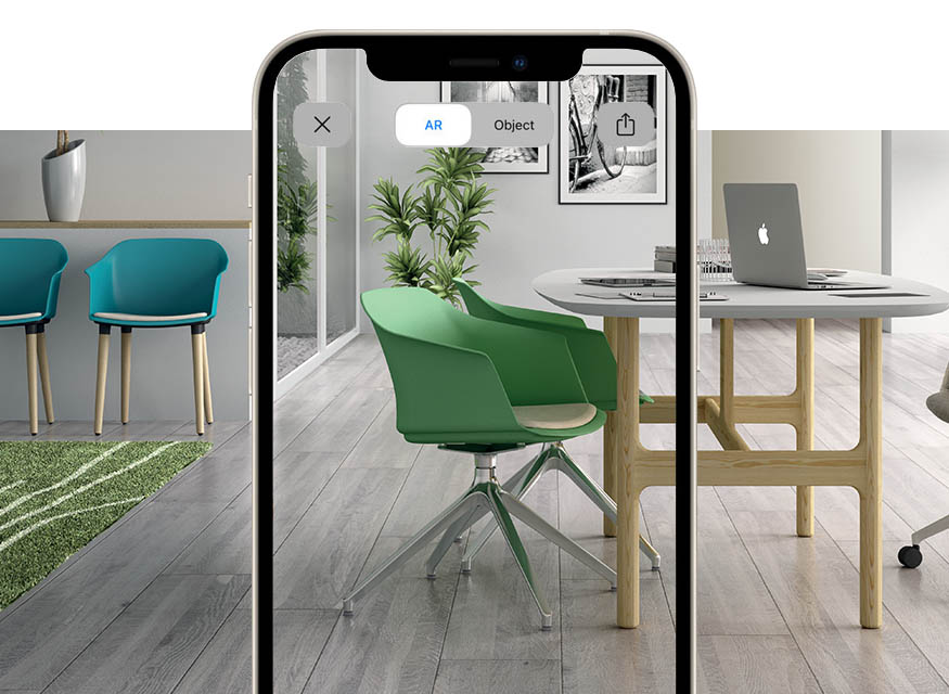 Community chairs, office chairs, waiting room sofas and tables with augmented reality