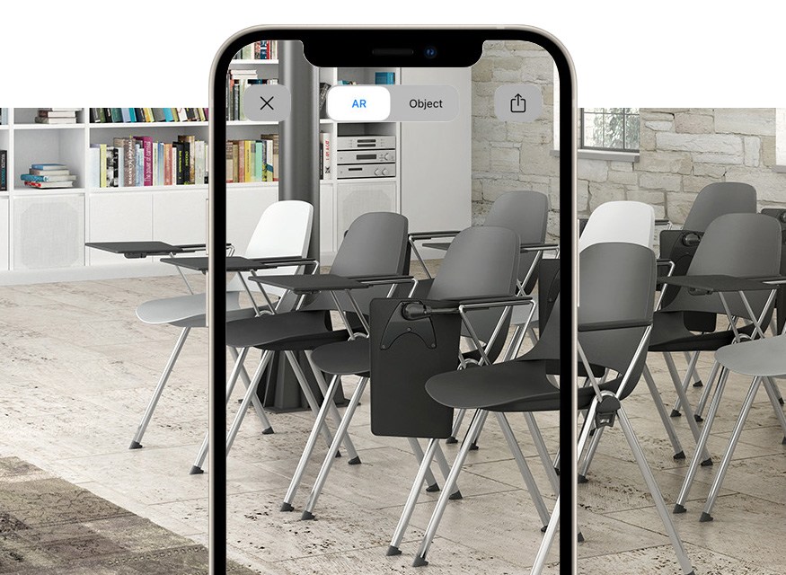 View the 4 legs armchair with writing tablet for congresses, training and learning rooms with augmented reality Cosmo